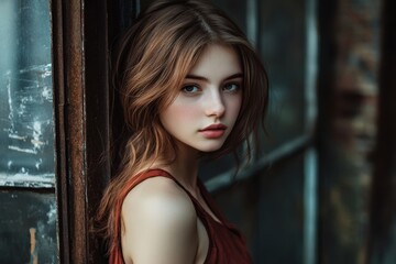Obraz premium Young woman posing gracefully near a rustic window in soft natural light