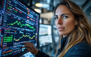 Naklejka premium Focused Businesswoman Analyzing Financial Data on Multiple Screens , finance photo series