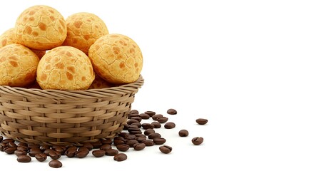 Brazilian cheese bread basket white background. Brazilian food