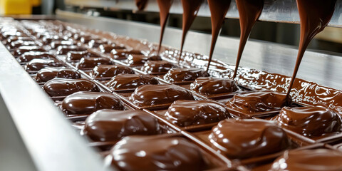 chocolate factory production line shows melted chocolate being poured into molds, creating rich and glossy texture