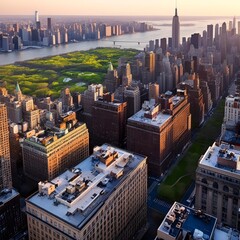 Rooftop view of New York City bathed in golden hour spring light, with lush green pockets and classic facades