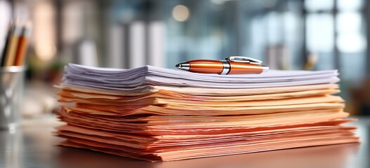 Office Glass Table with Stack of Papers and Pens – Close-Up Workspace with Light Orange and White Color Theme