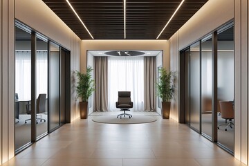 Obraz premium Trendy Modern Office Design with Elegant Corridor and Soft-Focus Background for Business Presentations and Wallpaper Inspiration
