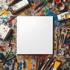 Obraz premium Flat-lay of blank canvas with colorful paint splatters and art tools spread across studio floor, capturing the energy of creative process in progress with vibrant textures raw detail.