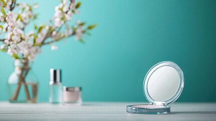 beautiful close up shot of compact mirror placed on wooden surface, with serene background featuring vase of flowers and skincare products