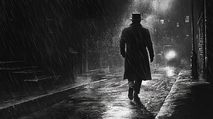 A man in a coat and hat walking down a wet street at night in the rain in a black and white photograph