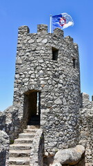 Single Castle Corner Tower with Blue and White Portuguese Royal Flag in Moorish Castle, Sintra - Portrait