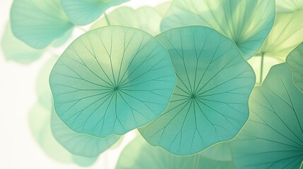 Close-up of translucent lotus leaves with a soft, glowing background