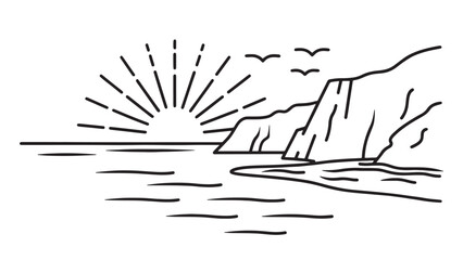 Fototapeta premium Rocky Pacific coast with clear blue water gently lapping against the shore under a bright sky line art flat vector illustration.