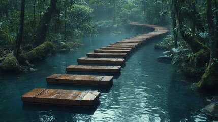 Fototapeta premium Wooden stepping stones wind through a misty rainforest stream.