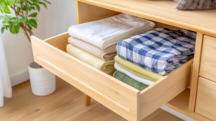 Organized drawer with neatly folded clothes, showcasing variety of colors and patterns, creating tidy and inviting atmosphere