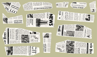 Trendy torn newspaper pieces. Collage halftone elements. Jagged edges. Old paper clipping set. Vintage grunge style concept. Isolated background. Trendy design template. Vector illustration