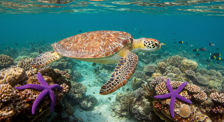 Fototapeta premium Turtle Swimming Underwater Near Coral Reef and Starfish
