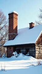 A crumbling brick chimney protrudes from a snow-covered roof, empty house in view , chimney, falling snow, contrast