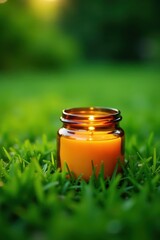 Amber candle jar nestled in lush green grass, garden backdrop, rustic, background