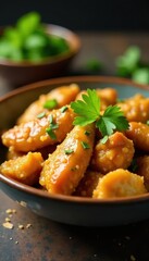 Crispy chicken pieces, fresh herbs, ceramic bowl, closeup, meal