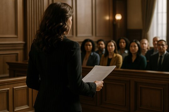 Courtroom lawyer addressing jury during trial with documents