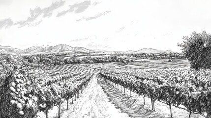 Sketch of a vineyard landscape with distant mountains and cloudy sky in monochrome style drawing art