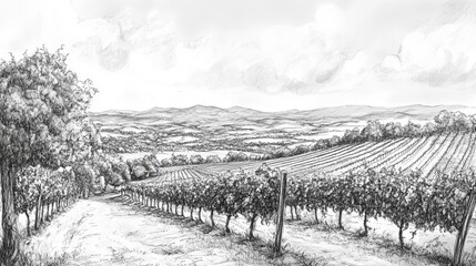 Grayscale sketch of a vineyard with rows of grape vines leading to distant hills under a cloudy sky