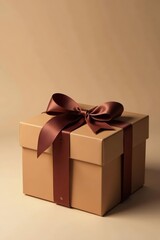 Square brown box, brown ribbon bow, simple elegant design , rustic, square, brown