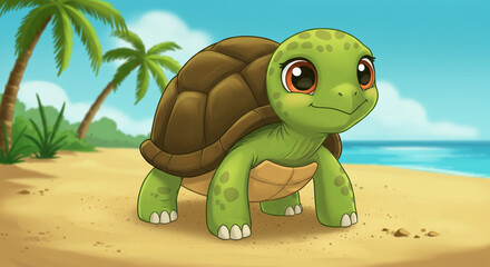 Fototapeta premium Cartoon Turtle Walking on Beach with Palm Trees