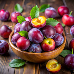 Fresh plums in a wooden bowl.