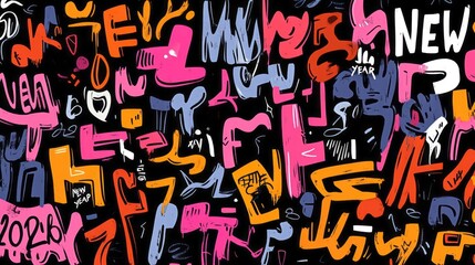 Fototapeta premium Whimsical new year themed graffiti in vibrant colors on black