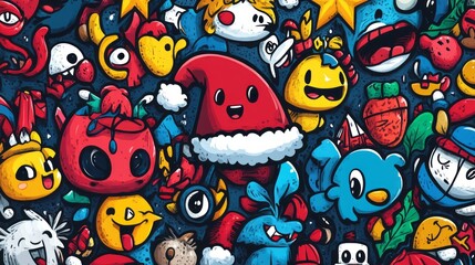 Obraz premium Colorful cartoon character doodle art featuring festive holiday themes