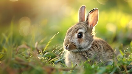 Fototapeta premium Adorable Brown Rabbit Sitting in Lush Green Grass – Wildlife Photography
