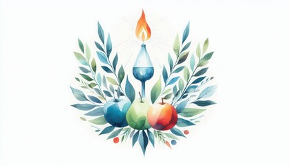 Watercolor painting of fruits and leaves with candle flame for home decor design art