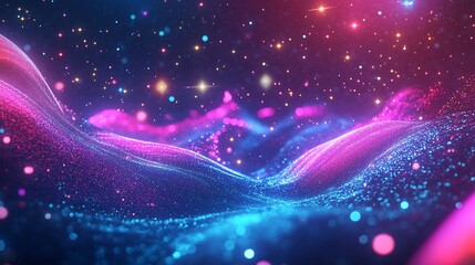 Fototapeta premium Abstract cosmic landscape with sparkling stars and nebulous waves of glowing particles