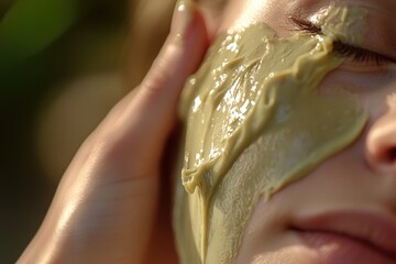 Fototapeta premium Woman applying a green facial mask, enjoying a relaxing skincare routine.