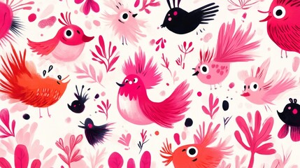 Fototapeta premium Whimsical pattern featuring stylized birds and botanical elements