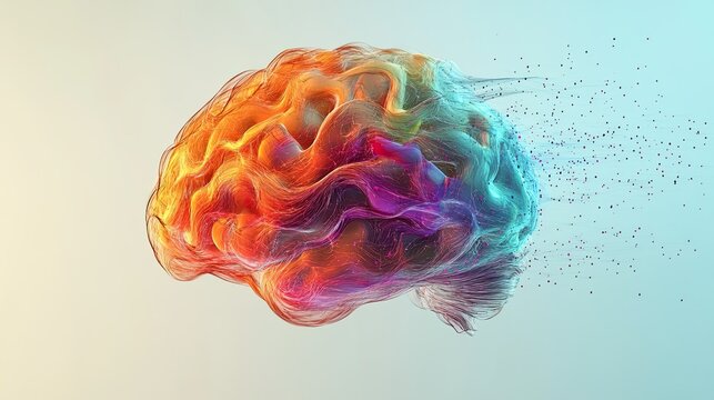 Concept of a human brain full of creativity, showing multiple colors and actions, representing innovation, imaginative thinking, and AI-driven solutions, generated with AI technology. -