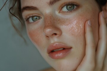 Fototapeta premium A young woman with freckles applies shimmering lip gloss outdoors in soft sunlight.