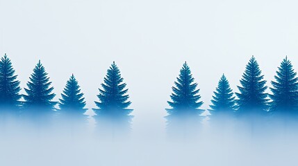 Obraz premium Evergreen trees emerge from fog, creating a serene, winter landscape. Cool color palette