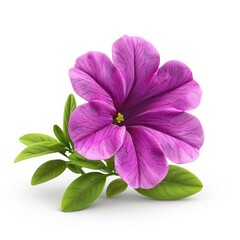 Vibrant purple petunia flower with verdant leaves.