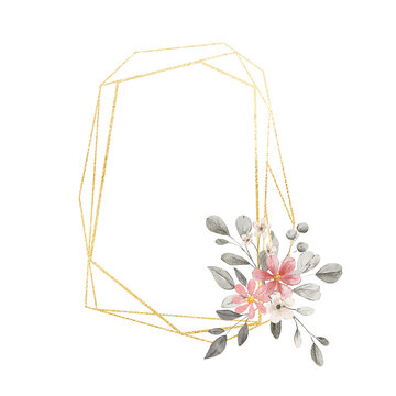 Fototapeta Floral geometric gold frame. Watercolor hand drawing golden border with place for text, with flowers and leaves. 