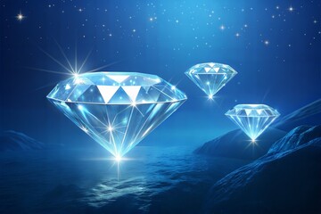 Brightly illuminated diamonds glowing against a deep blue background. (Diamond)