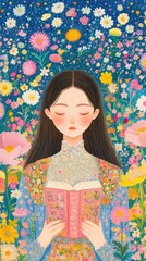 A young girl reading a book amidst a colorful field of flowers