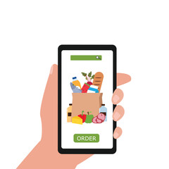 Hand holding  smartphone delivery online grocery shopping mobile phone vector  illustration