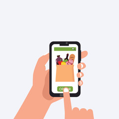 Hand holding  smartphone delivery online grocery shopping mobile phone vector  illustration