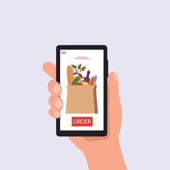 Hand holding  smartphone delivery online grocery shopping mobile phone vector  illustration