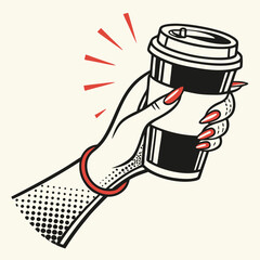 Trendy Halftone Collage Element: Grunge Punk Cutout Sticker of a Female Hand Holding a Coffee Mug or Black Tea Cup – Modern Retro Vector Illustration on Transparent Background