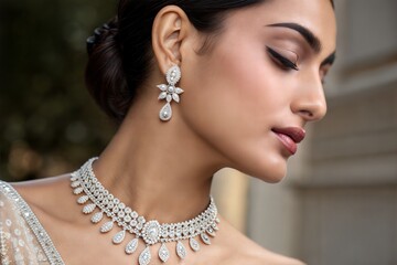 Close-up of Indian Woman Wearing Diamond Necklace and Earrings  © DND