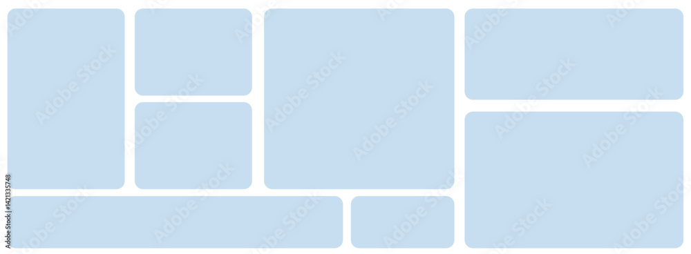 Poster Template of photo montage. 8 Blue frames design composition for gallery for website with squares. Banner for bg design.