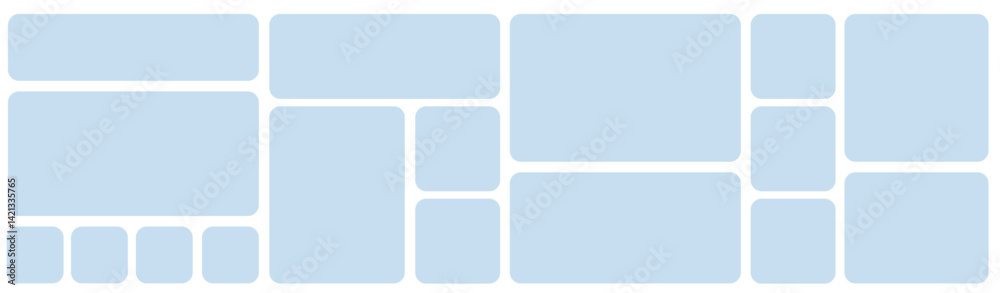 Poster Template of photo montage. 17 Blue frames design composition for gallery for website with squares. Banner for bg design.