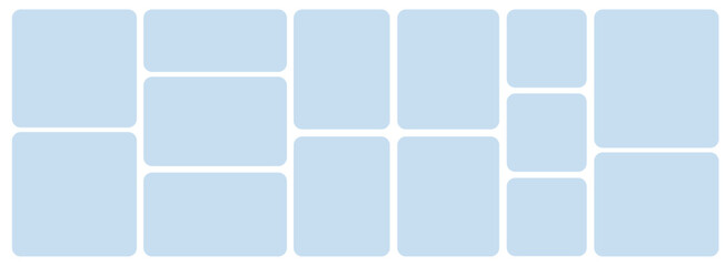 Template of photo montage. 14 Blue frames design composition for gallery for website with squares. Banner for bg design