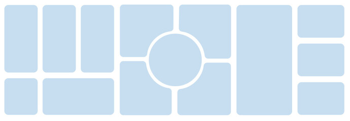 Template of photo montage. 14 White frames design composition for gallery for website with round at the center. Banner for bg design