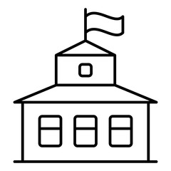Tavern building with flag thin line icon, west desert concept. Vector graphics. Ancient american house sign on white background, linear style for mobile or design.